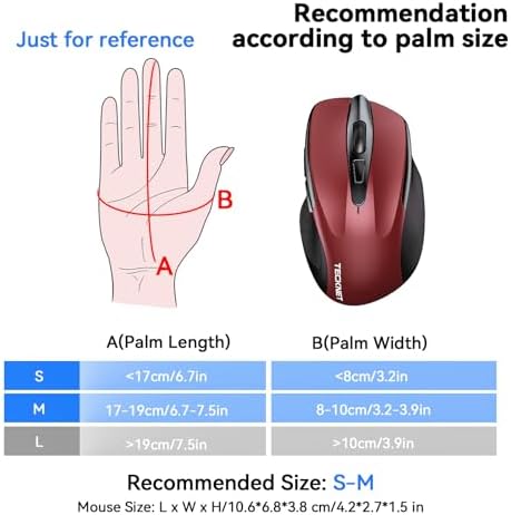 TECKNET Rechargeable Jiggler Wireless Mouse, Dual-Mode Connectivity, Red
