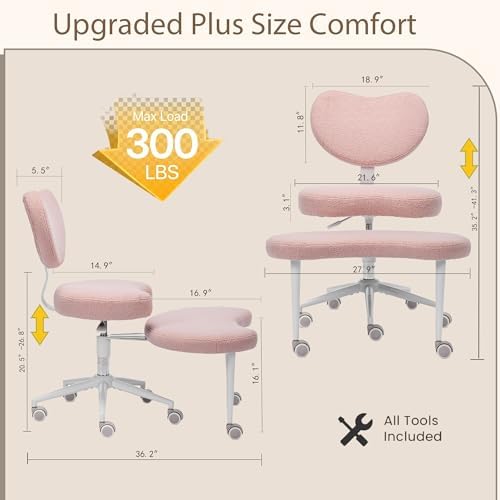 Cross Legged Chair, Meditation Chair Plus with 360° Swivel Wheels for ADHD/Fidgety Sitters, Height Adjustable & Ergonomic Lumbar Support, Teddy Fabric, Pink Home Office Furniture