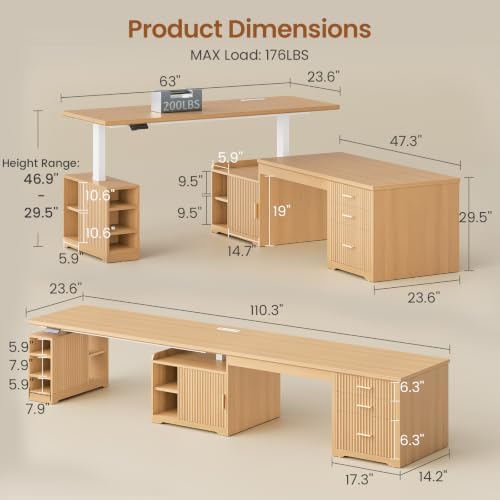 SEDETA Fluted L Shaped Standing Desk with Storage for Home Office, Oak