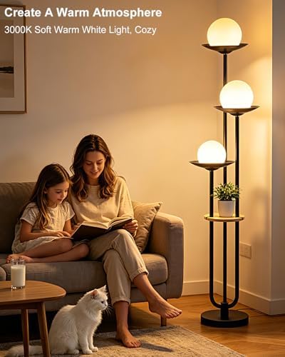 Lightdot 3-Globe Dimmable Floor Lamp with Table Modern Floor Lamps with 5Lbs Heavy Base for Wedding/Party 3000K Warm White Bulbs Included Black Standing Lamp for Living Room/Bedroom/Sofa Beside/Corner