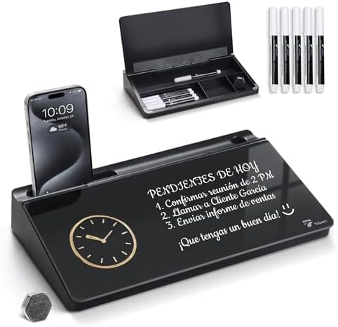 TOWON Compact Glass Desktop Whiteboard with Storage 12x7 in, Black