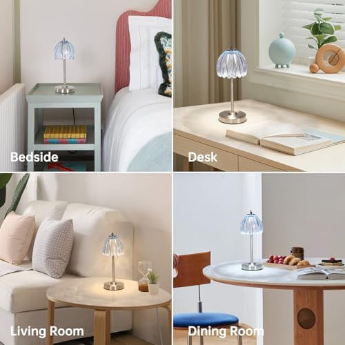 Shenmoyl Rechargeable Table Lamp with 5200mAh Battery & Touch Control - 3 Adjustable Color Temperatures, Cordless Dimmable Table Light for Bedroom, Office Desk, Nightstand(Clear Light Blue,1 Pack)