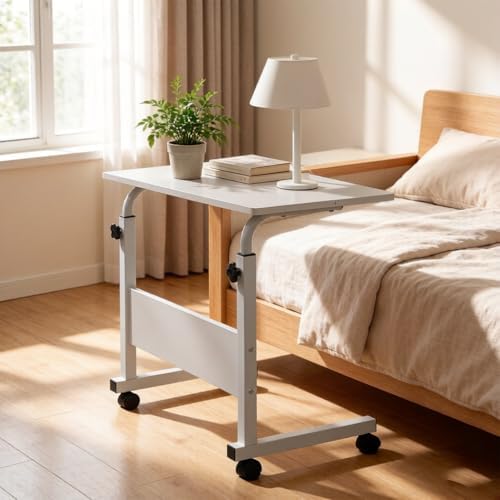 Standing Desk - Side Table Adjustable Height, Portable Laptop Cart, C-Shaped Bed Couch end Tables with Edge Stopper - Wheels for Living Room Bedroom Walking Pad Treadmill 31.5Inch White
