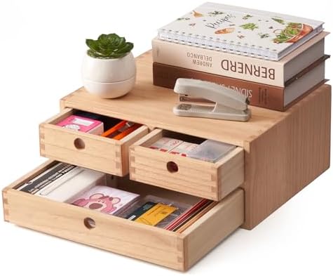 KIRIGEN Wood Desk Organizer with 3 Drawers, Desktop Storage, Natural 23-NA