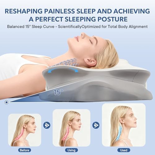 Cervical Pillow for Neck Pain Relief, Ergonomic Memory Foam Pillows for Neck Pain Relief with Ice Silk Pillowcase，Adjustable Contour Neck Support Pillow for Side Back Stomach Sleepers (White)