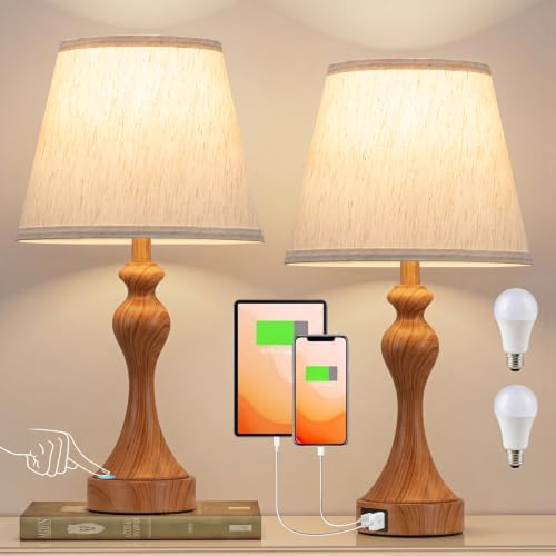 Touch Lamps for Nightstand, 3 Way Dimmable Bedside Lamps with USB C+A Ports