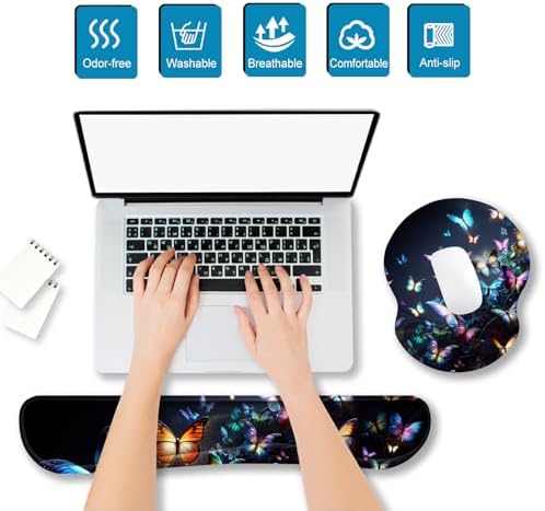 ARTSO Ergonomic Mouse Pad with Wrist Rest, Comfortable Keyboard Wrist Rest, Memory Foam Mousepad for Computer Keyboard, Mouse Pad Set for Easy Typing, Pain Relief, Night Butterfly