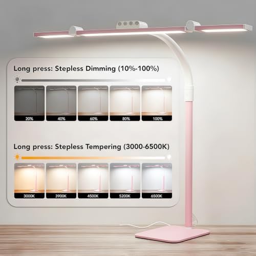 LED Desk Lamp for Home Office with Base, 28.2" Adjustable Gooseneck Swing Arm Bright Desk Light, Dimmable Architect Table Lamp for Desktop Computer Light, Reading, Study, Workbench（Pink）