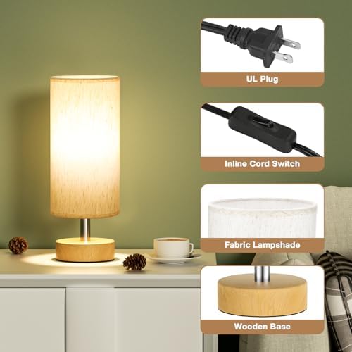 Table Lamps Set of 2 （Cream Shade - Wood Base, 11.6" Inline Control）