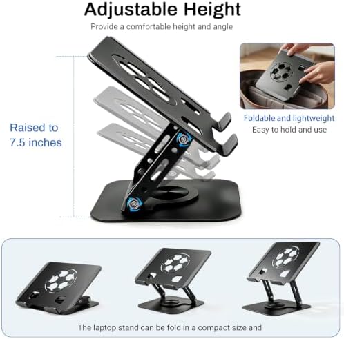 360°Rotating Laptop Stand, Ergonomic Adjustable Foldable Notebook Riser, Metal Computer Holder Compatible with 10-17.3" Laptops, Desktop Printer Stand, for Home & Office (Gunmetal)