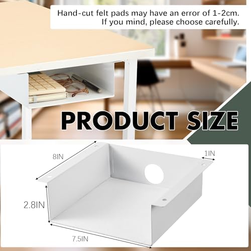 Yaocom 2 Pack Under Desk Hanging Shelf, Carbon Steel Storage Tray with Mute Felt Sheets, Mount Shelves Organizer for Office Home Workstation Gaming Desk Stand up(7.5x8x2.8 in/Storage Shelf,White)