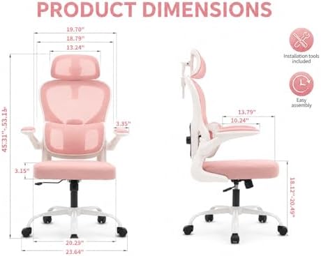 Ergonomic Office Chair with Adjustable Headrest & Lumbar Support, High Back Mesh Desk Chair, 330 LBS Capacity Swivel Computer Chair with Flip-Up Arms, Home Office Gaming Chair(Pink)