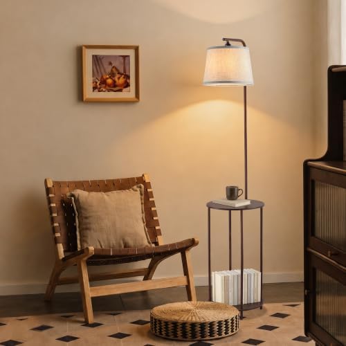 Floor Lamp with Table, 2-in-1 Side Table Floor Lamp with Linen Shade