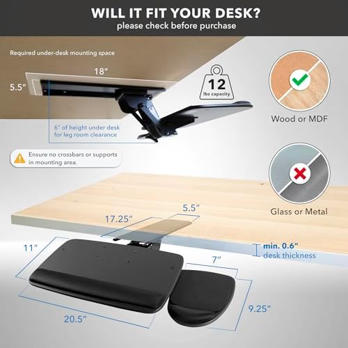 Mount-It! Under Desk Keyboard Tray, Adjustable Slide-Out Keyboard, Black