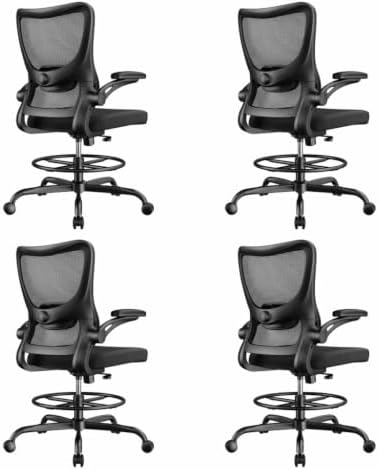 Marsail Drafting Chair, Tall Office Chair with 2D Lumbar Support, Standing Desk Chair with Padded Flip-Up Armrests & Adjustable Footrest Ring, Black,Pack of 4