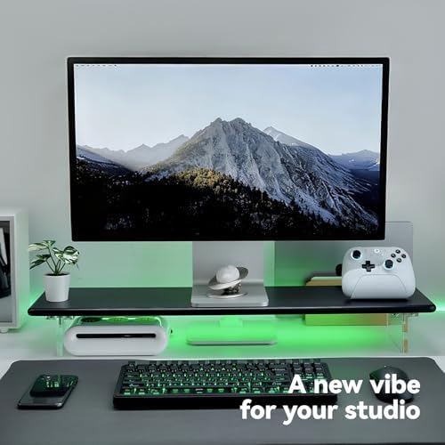Bamboo Monitor Stand, Desk Shelf with Acrylic Legs and RGB Lights