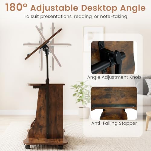 GIANTEX Mobile Podium Stand, Height Adjustable Laptop Computer Cart w/Tilting Top, Storage Cabinet & Lockable Wheels, Church Classroom Lecture, Sit-to-Stand Desk for Home Office (Rustic Brown,1)