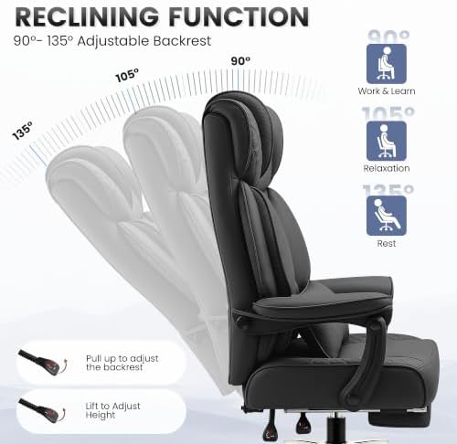 BestGlory Office Desk Chair, Big and Tall Leather Gaming Chair with Footrest, Ergonomic Comfy Executive High-Back Reclining Computer Chairs, Wide Swivel Rolling Wheels and Padded Lumbar Support, Black