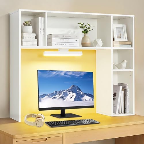 3 Tier Desktop Bookshelf with Rechargeable Eye-Friendly LED Desk Light, Desk Hutch Organizer with 5 Shelves, Wooden Desk Bookshelf for Office, Dorm and Small Space, White
