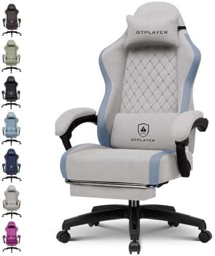GTPLAYER Gaming Chair Fabric with Pocket Spring Cushion, Big and Tall Gamings Chairs 350LBS High Back Computer Chair with Footrest for Adults Lumbar Support Swivel Game Chair for Office Gray