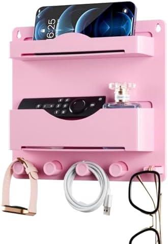 Pink Bedside Shelf Organizer - Wall Mount Phone Holder with Glasses Hook & 50 Motivational Stickers for Girls Bedroom Dorm Decor