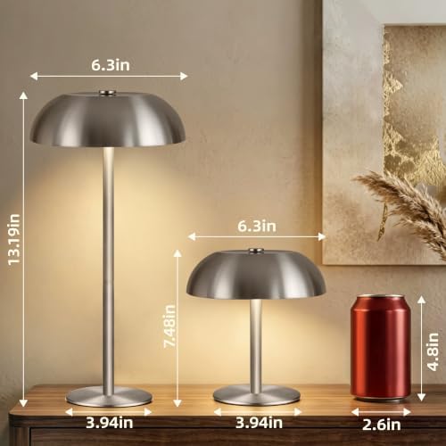 2 Pack Portable LED Mushroom Table Lamp, 12H Cordless Metal Night Light with Rechargeable Battery, Stepless Dimmable 3 Colors Desk Lamp for Bedroom Bar Coffee Shop(Brushed Silver)