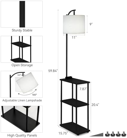 Qupui Floor Lamp with Side Table, USB Charging, 3-Color LED, Black