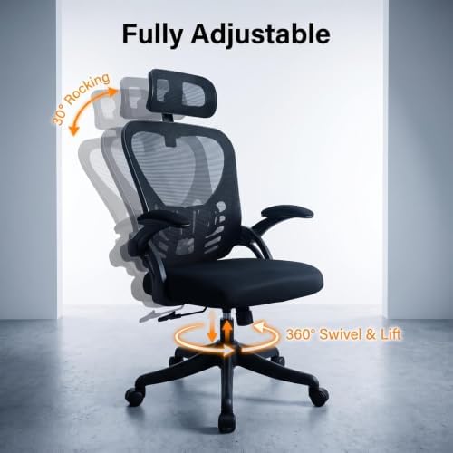 Ergonomic High Back Mesh Office Chair with Adjustable Headrest & Flip Up Armrest, Height Adjustable Swivel Rolling Desk Chair, 300LBS Breathable Computer Task Chair for Home Office(Grey)