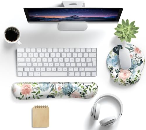Green Blue Pink Floral Mouse Pad Wrist Support Keyboard Wrist Rest Set, Ergonomic Mouse Pad with Non-Slip Pu Base for Computer Office Comfortable Mouse Wrist Rest Easy Typing & Pain Relief Mouse Pad.