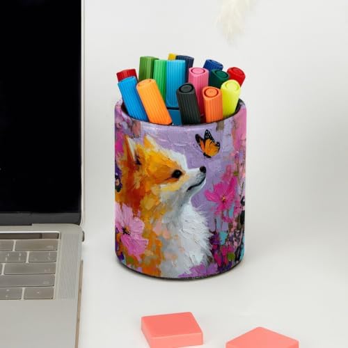Leather Pen Holder for Desk, Dog Oil Painting Pencil Cup Pen Organizer Makeup Brush Holder for Office Home Kids Countertop Desk Accessory Storage