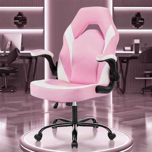NEWBULIG Computer Gaming Desk Chair - Big Tall Ergonomic Lumbar Support with Flip-up Armrest and 360° Swivel Wheels, PU Leather Height Adjustable, for Home and Office, Pink