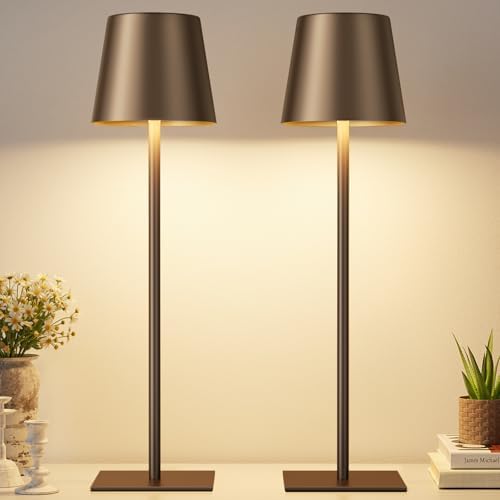 Kakanuo Brown Cordless Rechargeable Table Lamp, 2 Pack Portable Desk Lamp with 5000mAh Battery, Touch Control Stepless Dimming, for Dining, Outdoor Camping, Coffee Shop
