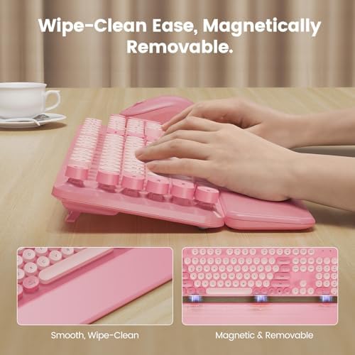 Wireless Keyboard and Mouse Combo, Magnetic Wrist Rest, Round Keycaps, Pink