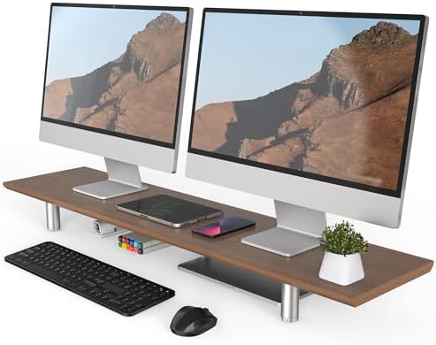 Fenge 39.4” Dual Monitor Stand with Height Adjustable Legs, Brown