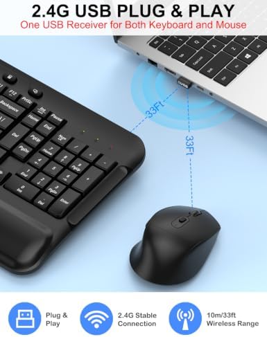 Ergonomic Wireless Keyboard and Mouse, Silent Wave Keys with Soft Palm Rest