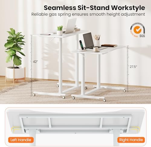 Tangkula Mobile Standing Desk, C-Shaped Sit Stand Desk with Adjustable Height, Lockable Wheels & Metal Frame, Rolling Laptop Desk, Portable Computer Workstation for Small Space