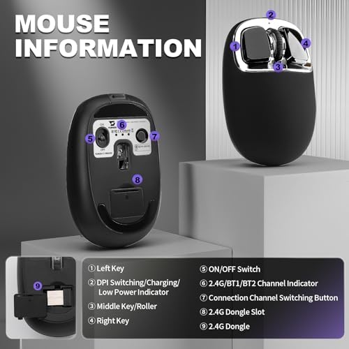 YUNZII C1 Wireless Tri-Mode Wireless Mouse 4800 DPI Optical (Black Sliver)