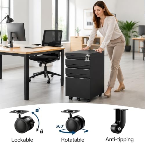 Fully Assembled 3 Drawer Mobile File Cabinet with Lock