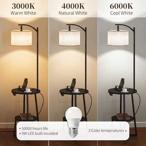 Yoobure Floor Lamp with Table - Farmhouse Night Stand with Charging Station