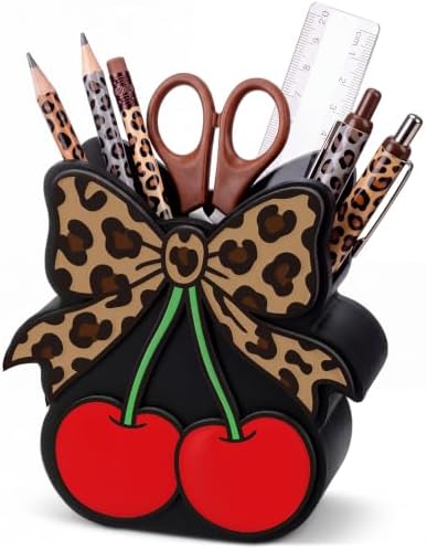 Tenceur Cherry Leopard Bow Pencil Holder for Desk Large Capacity Bow Wood Pen Holder Coquette Desk Organizer Cute Teacher Office Decor Makeup Brush School Supplies Back to School Gift for Girls Women