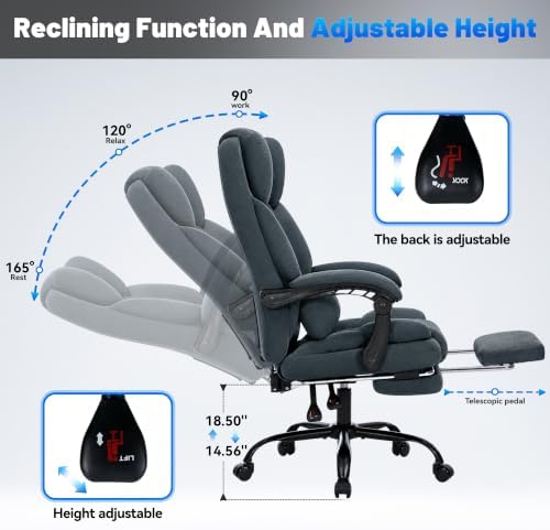 600LBS Executive Office Chair with FootRest for Heavy People High Back Ergonomic Gaming Chair with Lumbar Support Reclining Home Office Desk Chair with Pocket Spring Cushion Fabric (Gray)