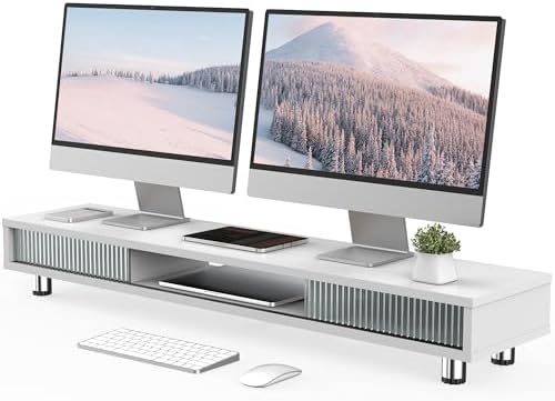 Fenge Dual Monitor Stand with Storage, Desk Shelf with Glass Sliding Door