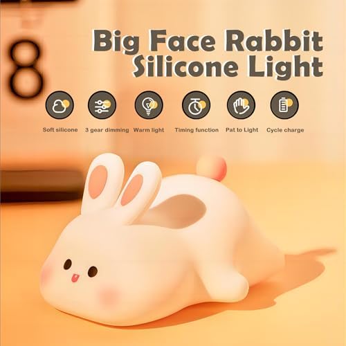S NMT Cute Rabbit Silicone Night Lights Cartoon Bedroom Lamp for Children's Room Decor, USB Rechargeable Timing Dimming Silicone Sleep Light for Kids, Toddler, Baby