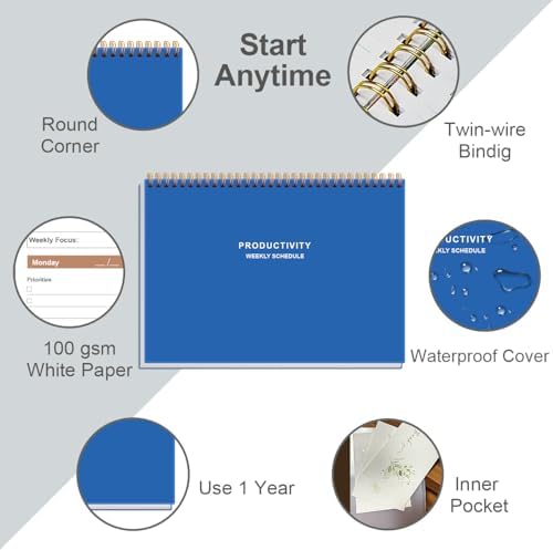 Weekly Productivity Planner - 8" x 11" Dashboard Desk Pad/Planner, Habit Tracker, Spiral Undated Weekly Planner for Office/School/Home, 54 Weeks, Blue