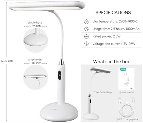 VAVOFO LED Desk Lamp 6778B - Touch Control, Adjustable 2700-7000K Color Temperature, 700 Lumens, 360° Flexible Gooseneck, USB-C Charging, 2.5hrs Cordless, Eye-Caring Light (White)