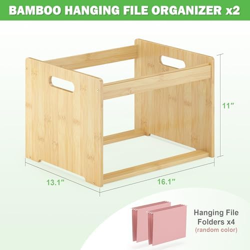 Bamboo Hanging File Box Organizer, File Folder Storge, Nature, 2 Pack