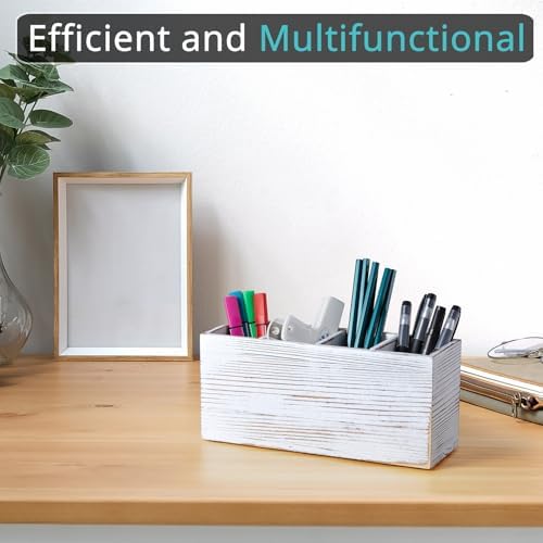 Pencil Pen Holder for Desk, White Washed Wood Office Desk Organizers and Accessories with 4 Slots for Countertop, Makeup Brush Holder Organizer for Bathroom Vanity, Silverware Caddy for Party