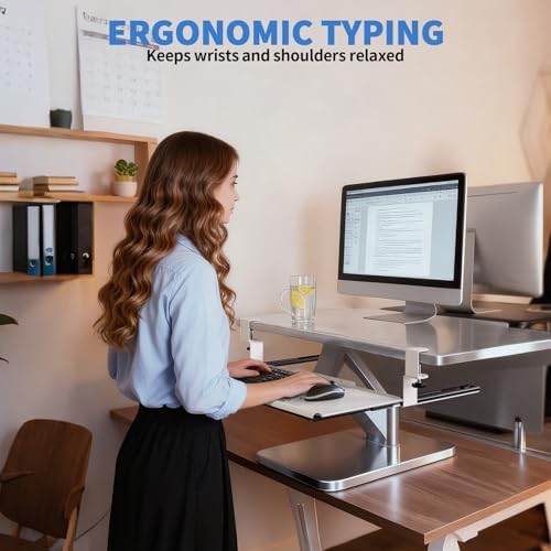 Keyboard Tray Under Desk - Full Metal Slide Out Holder, Rust-Resistant & Scratch-Proof, Double C-Clamps, 26x13" Tray for L Shape/Regular Desks, Standing/Sitting Workstation(White-A)