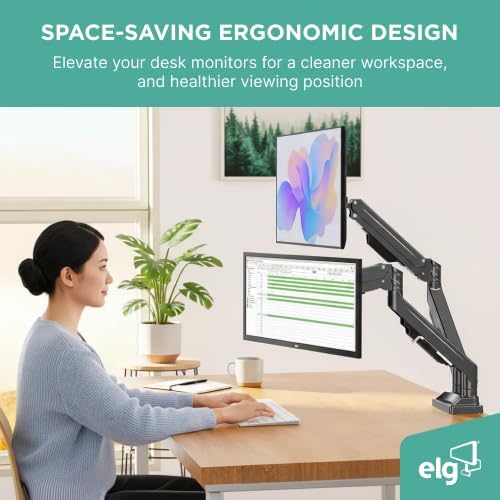 ELG Dual Monitor Stand, Gas Spring with Independent Arms, 17-35" Screens up to 19.8 lbs Each, 360° Rotation & Tilt, C-Clamp & Grommet, Height Adjusts to 16.1", VESA 75x75 to 100x100mm, Black