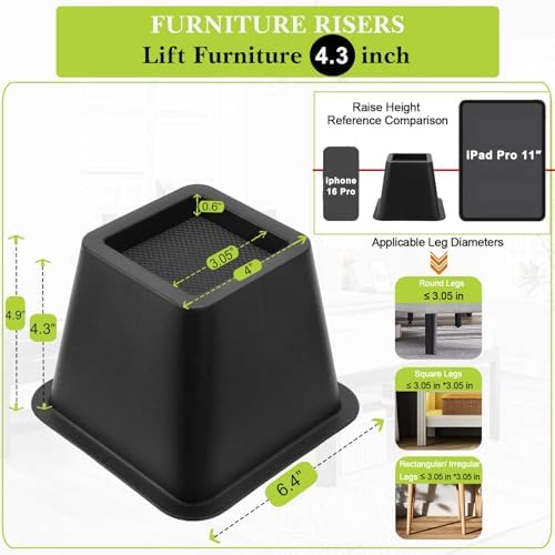 4 Pack Furniture Risers 4 Inch, Bed Risers Heavy Duty for Table Desk Couch Chair Sofa Cabinet Bed Frame Dorm, Square Table Leg Risers Lift Height 4.3", Black